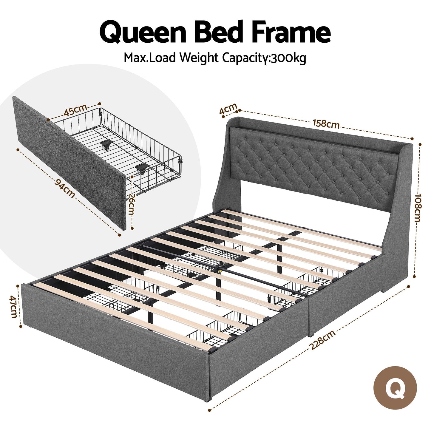 Queen Bed Frame with Storage Drawers and Charging Station – Charcoal Grey Upholstered