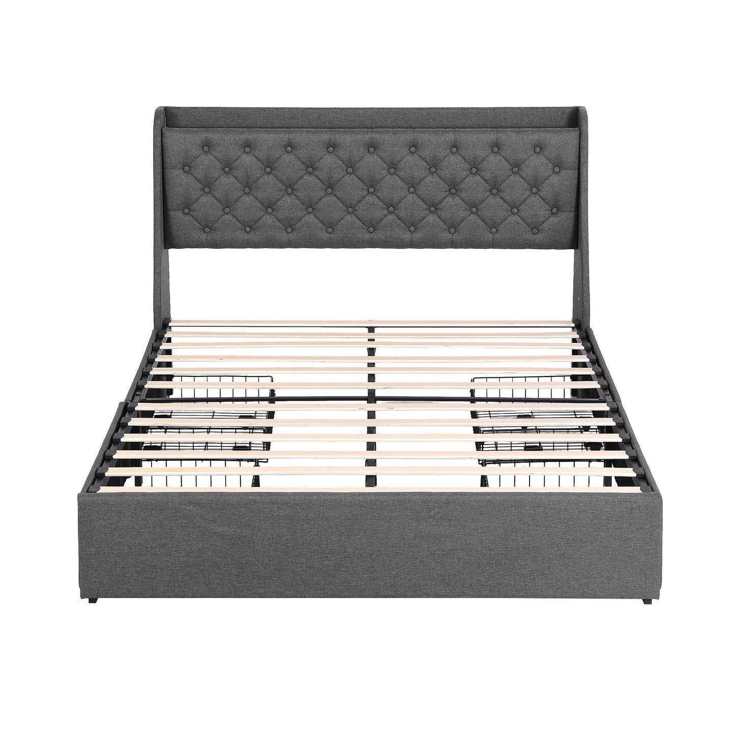 Queen Bed Frame with Storage Drawers and Charging Station – Charcoal Grey Upholstered