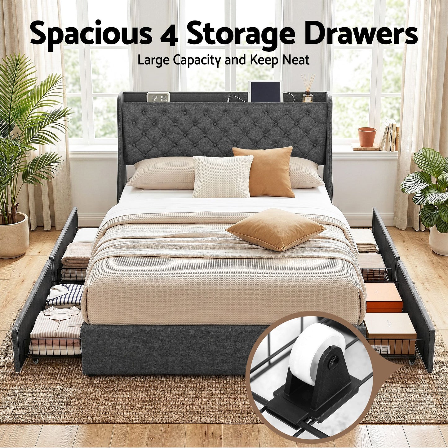 Queen Bed Frame with Storage Drawers and Charging Station – Charcoal Grey Upholstered
