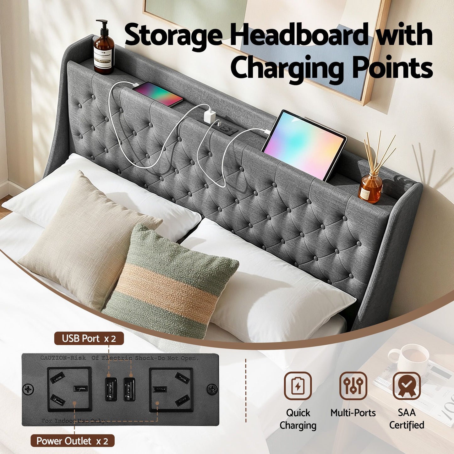 Queen Bed Frame with Storage Drawers and Charging Station – Charcoal Grey Upholstered