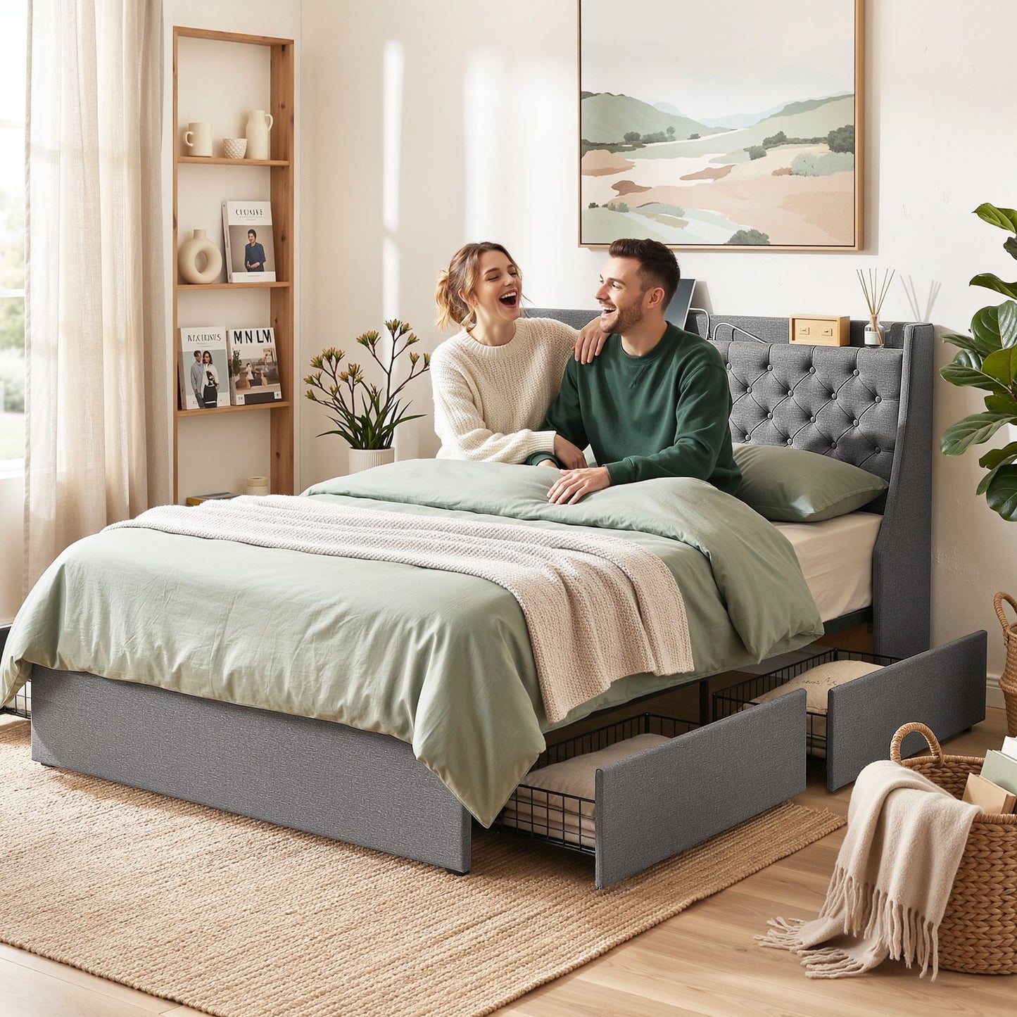 Queen Bed Frame with Storage Drawers and Charging Station – Charcoal Grey Upholstered