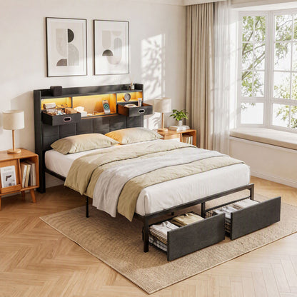 TWSC Double Bed Frame with 2 Storage Drawers & Headboard, USB Charging Station, RGB LED Light