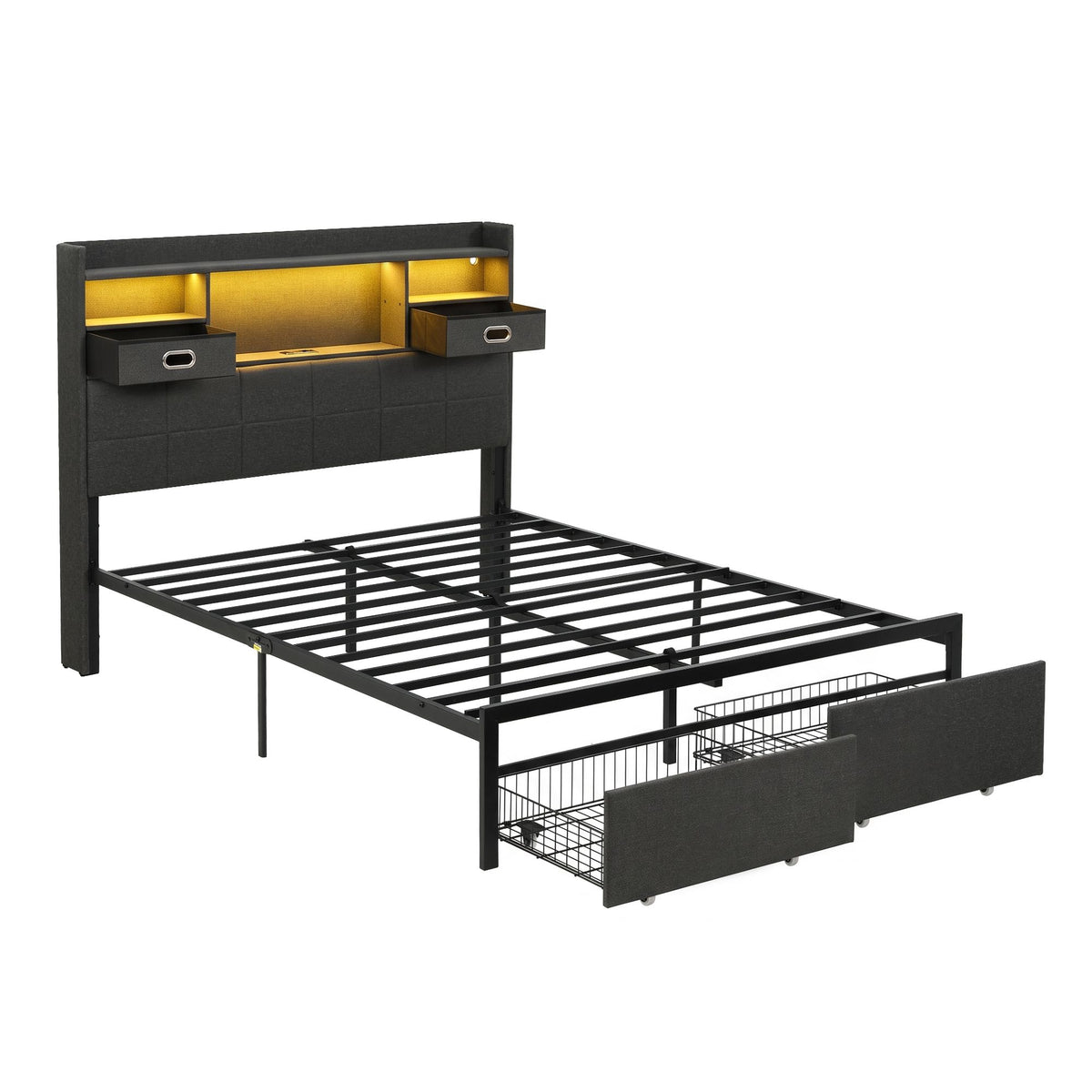 TWSC Double Bed Frame with 2 Storage Drawers & Headboard, USB Charging Station, RGB LED Light
