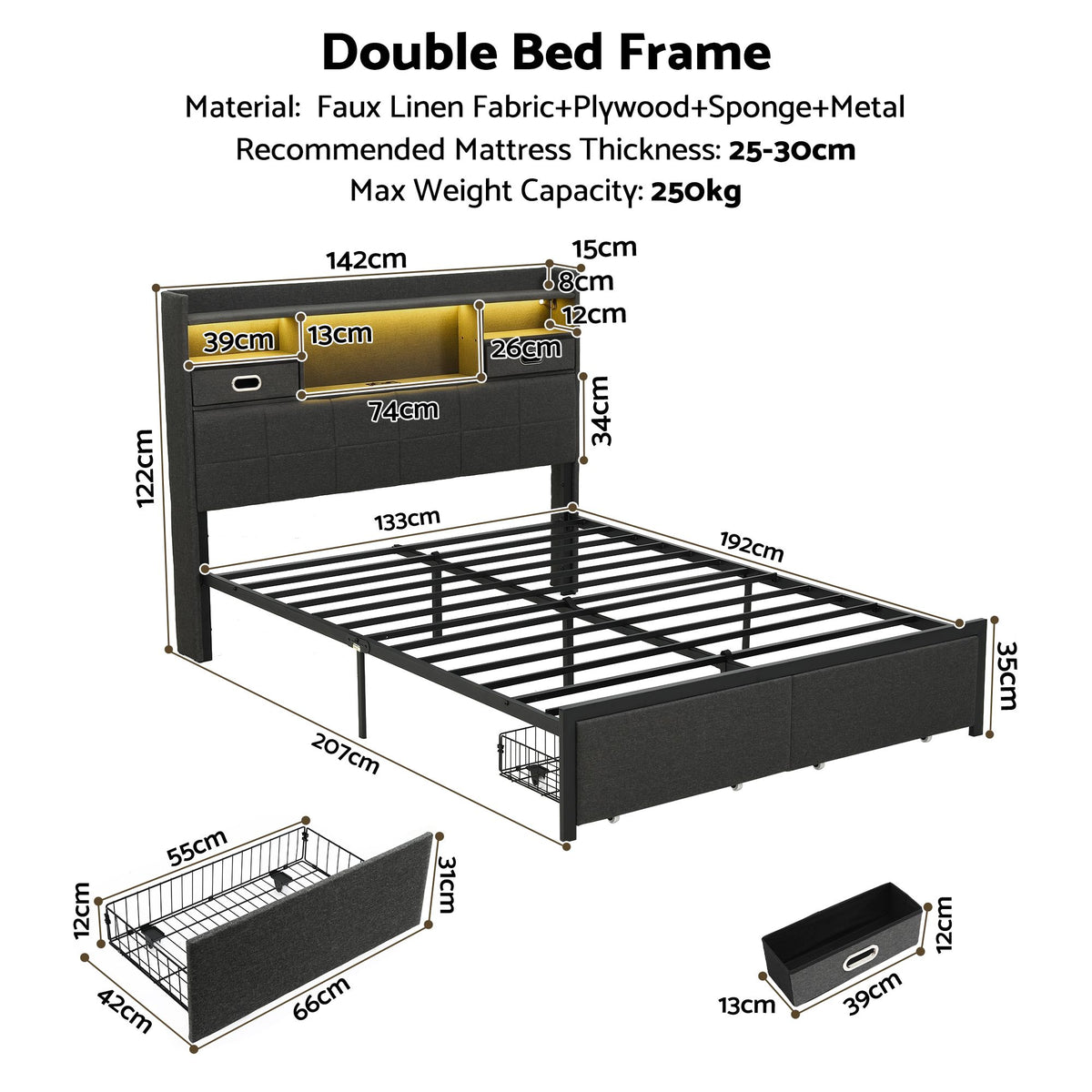 TWSC Double Bed Frame with 2 Storage Drawers & Headboard, USB Charging Station, RGB LED Light