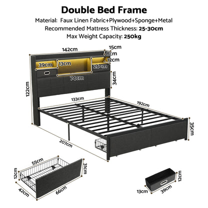 TWSC Double Bed Frame with 2 Storage Drawers & Headboard, USB Charging Station, RGB LED Light