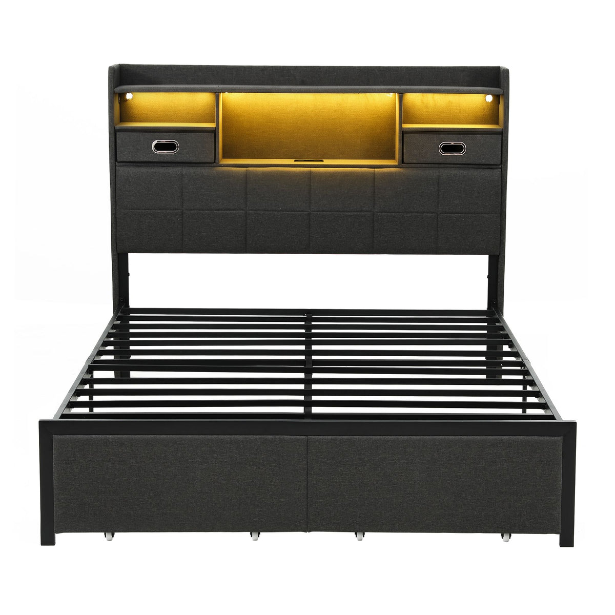 TWSC Double Bed Frame with 2 Storage Drawers & Headboard, USB Charging Station, RGB LED Light
