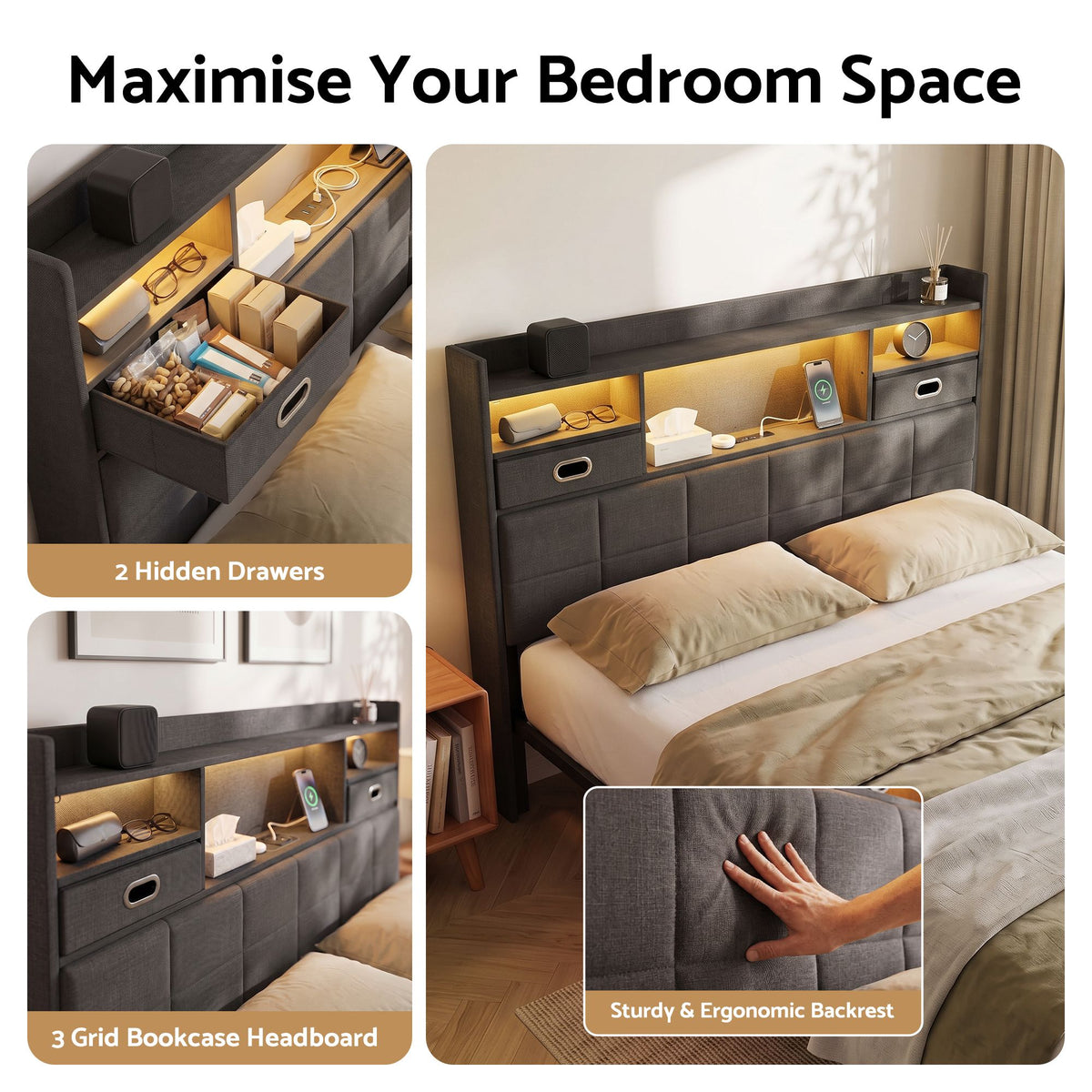 TWSC Double Bed Frame with 2 Storage Drawers & Headboard, USB Charging Station, RGB LED Light
