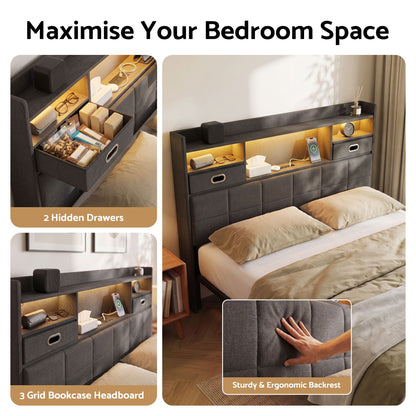 TWSC Double Bed Frame with 2 Storage Drawers & Headboard, USB Charging Station, RGB LED Light