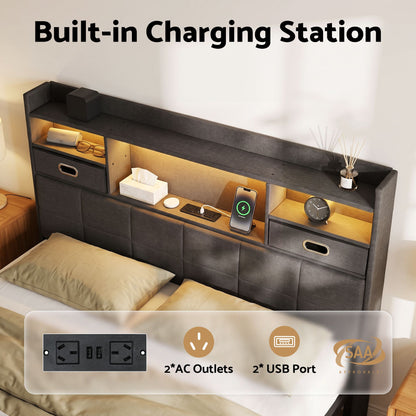 TWSC Double Bed Frame with 2 Storage Drawers & Headboard, USB Charging Station, RGB LED Light