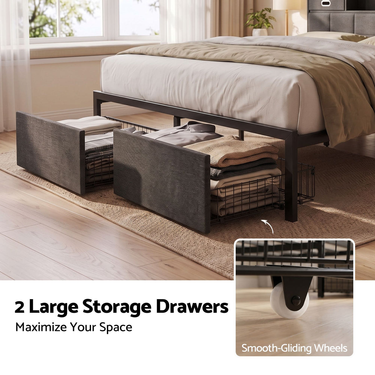 TWSC Double Bed Frame with 2 Storage Drawers & Headboard, USB Charging Station, RGB LED Light