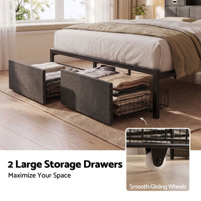 TWSC Double Bed Frame with 2 Storage Drawers & Headboard, USB Charging Station, RGB LED Light