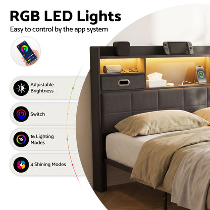 TWSC Double Bed Frame with 2 Storage Drawers & Headboard, USB Charging Station, RGB LED Light