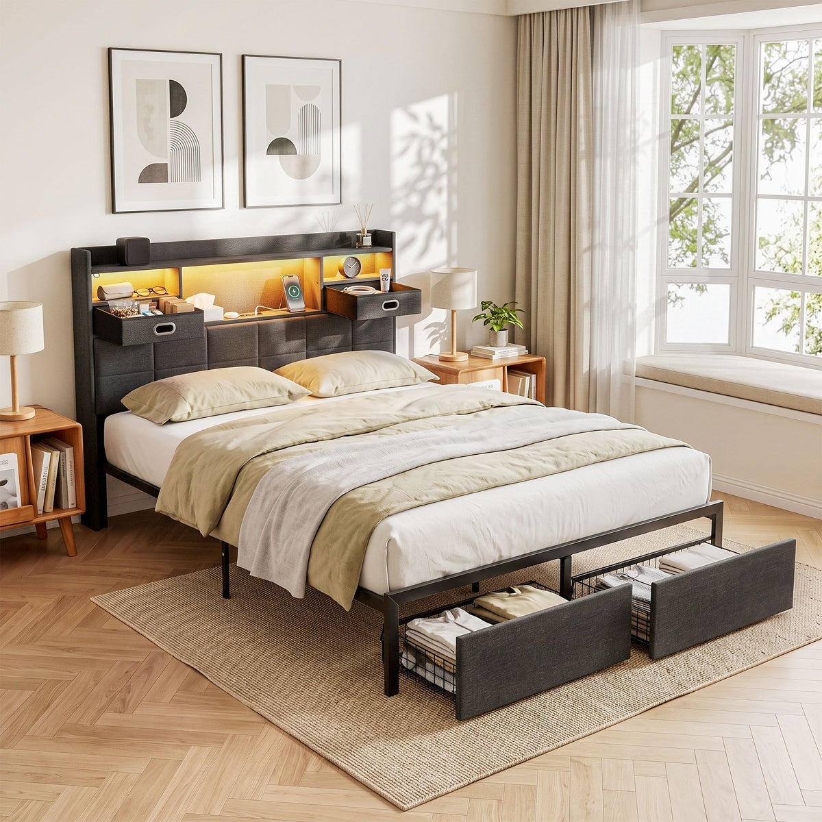 TWSC Queen Bed Frame with Storage Drawers & Headboard, 2 Drawer, USB, LED