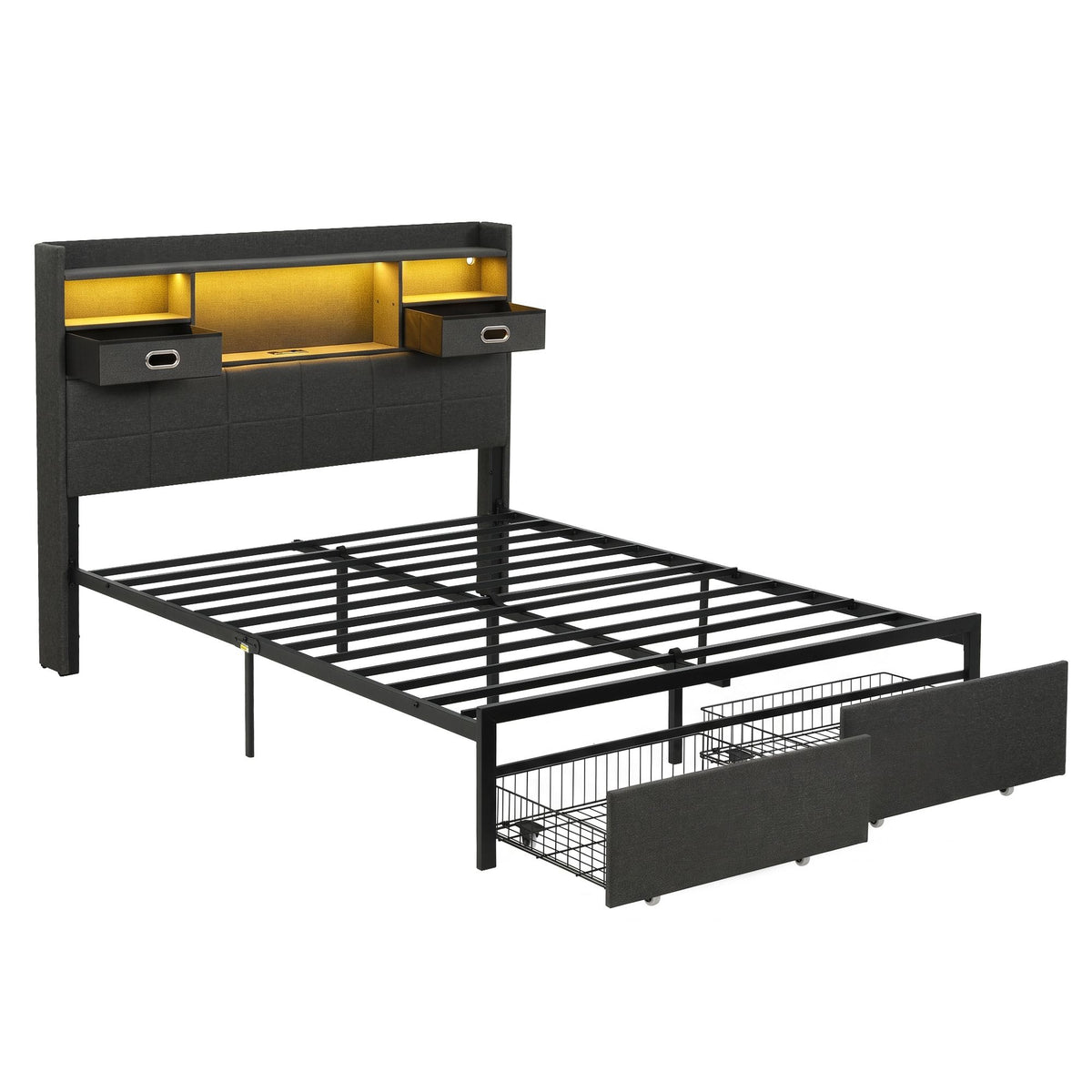 TWSC Queen Bed Frame with Storage Drawers & Headboard, 2 Drawer, USB, LED