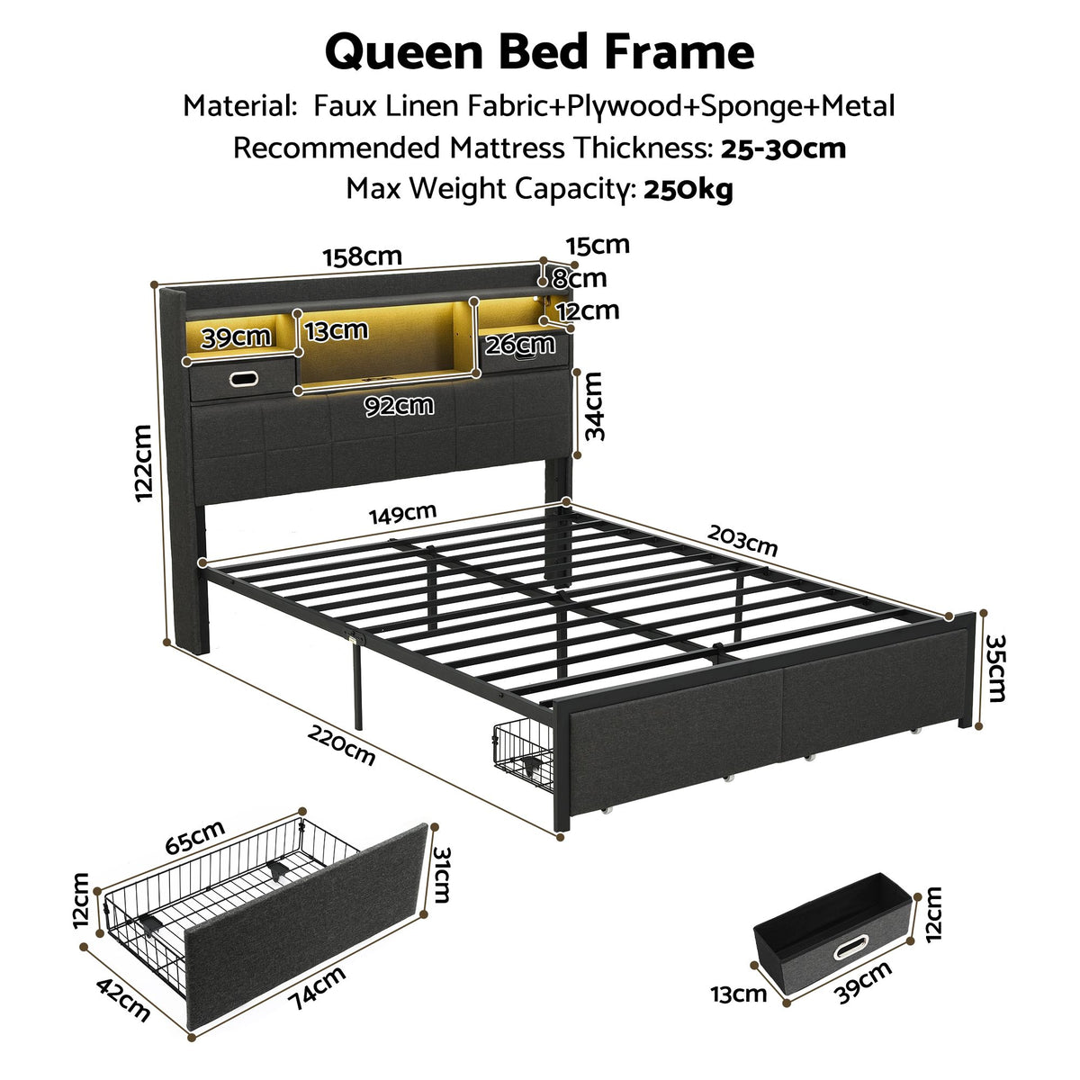 TWSC Queen Bed Frame with Storage Drawers & Headboard, 2 Drawer, USB, LED