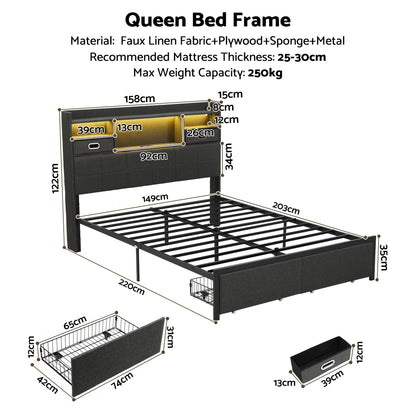 TWSC Queen Bed Frame with Storage Drawers & Headboard, 2 Drawer, USB, LED