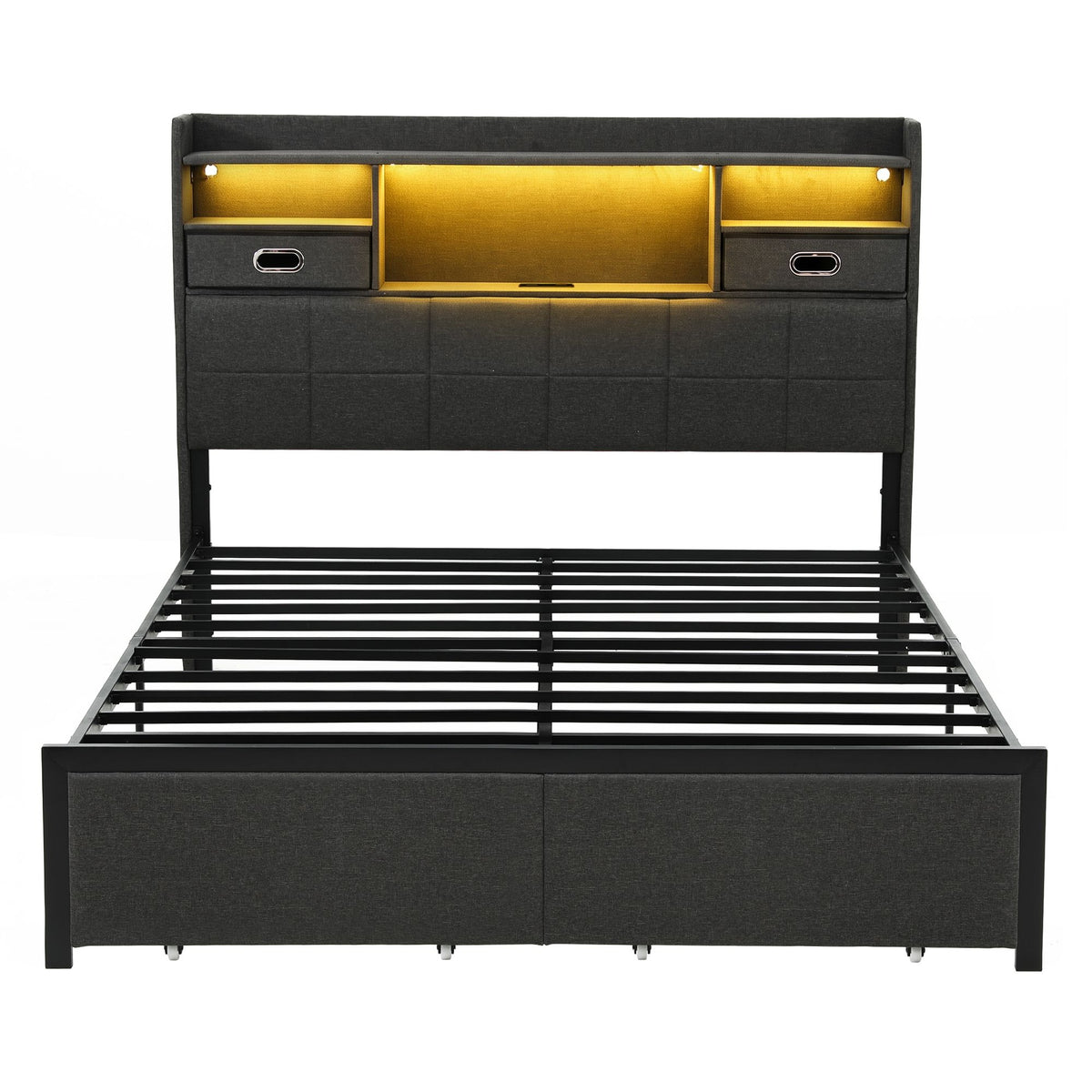 TWSC Queen Bed Frame with Storage Drawers & Headboard, 2 Drawer, USB, LED