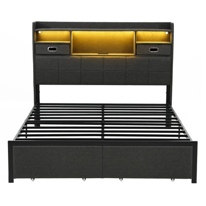 TWSC Queen Bed Frame with Storage Drawers & Headboard, 2 Drawer, USB, LED