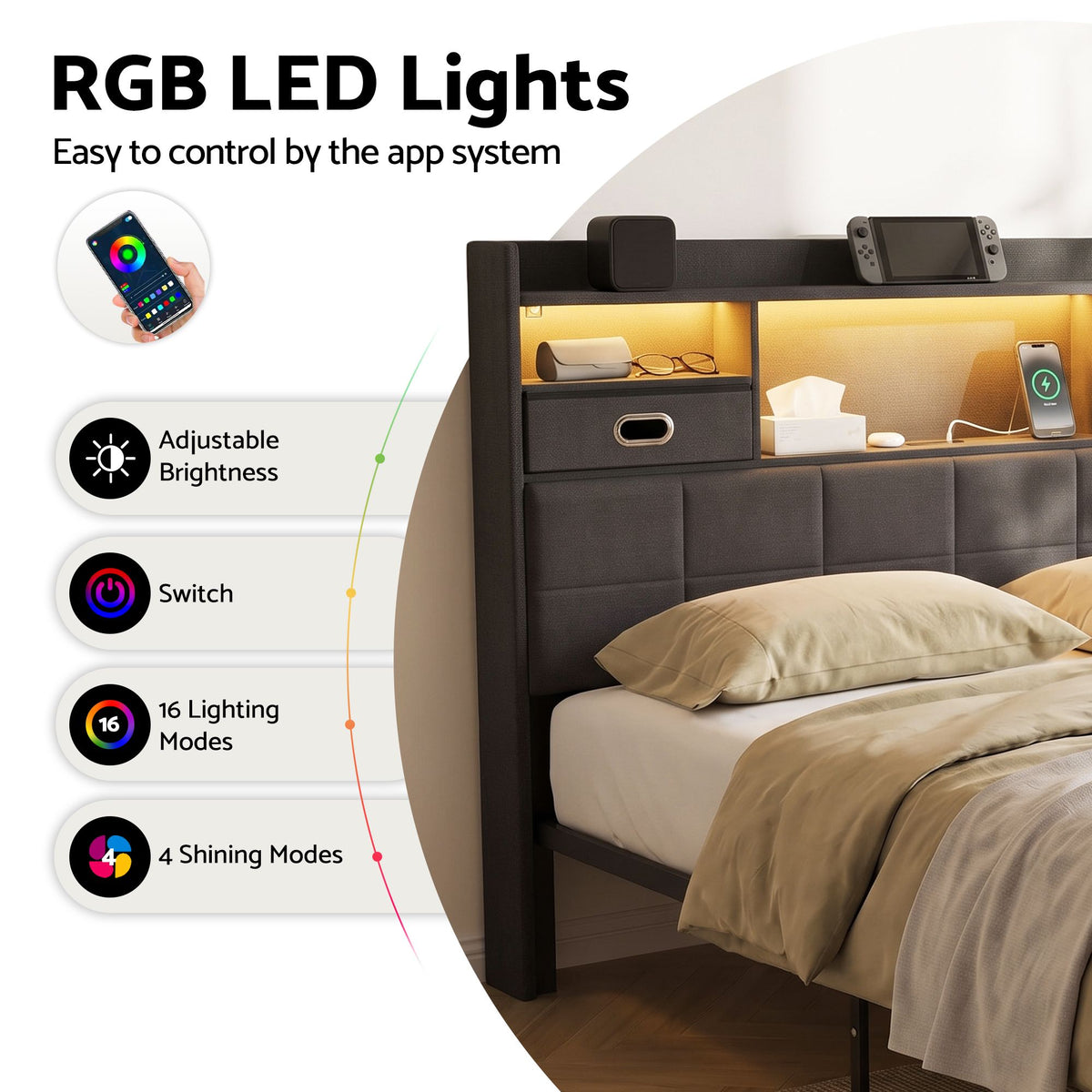 TWSC Queen Bed Frame with Storage Drawers & Headboard, 2 Drawer, USB, LED