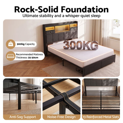 TWSC Queen Bed Frame with Storage Drawers & Headboard, 2 Drawer, USB, LED