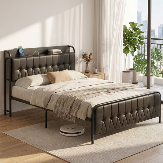 Double Bed Frame with Storage Headboard and SAA Certified Charging Station