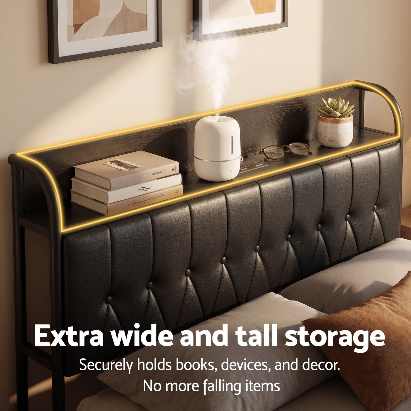 Double Bed Frame with Storage Headboard and SAA Certified Charging Station