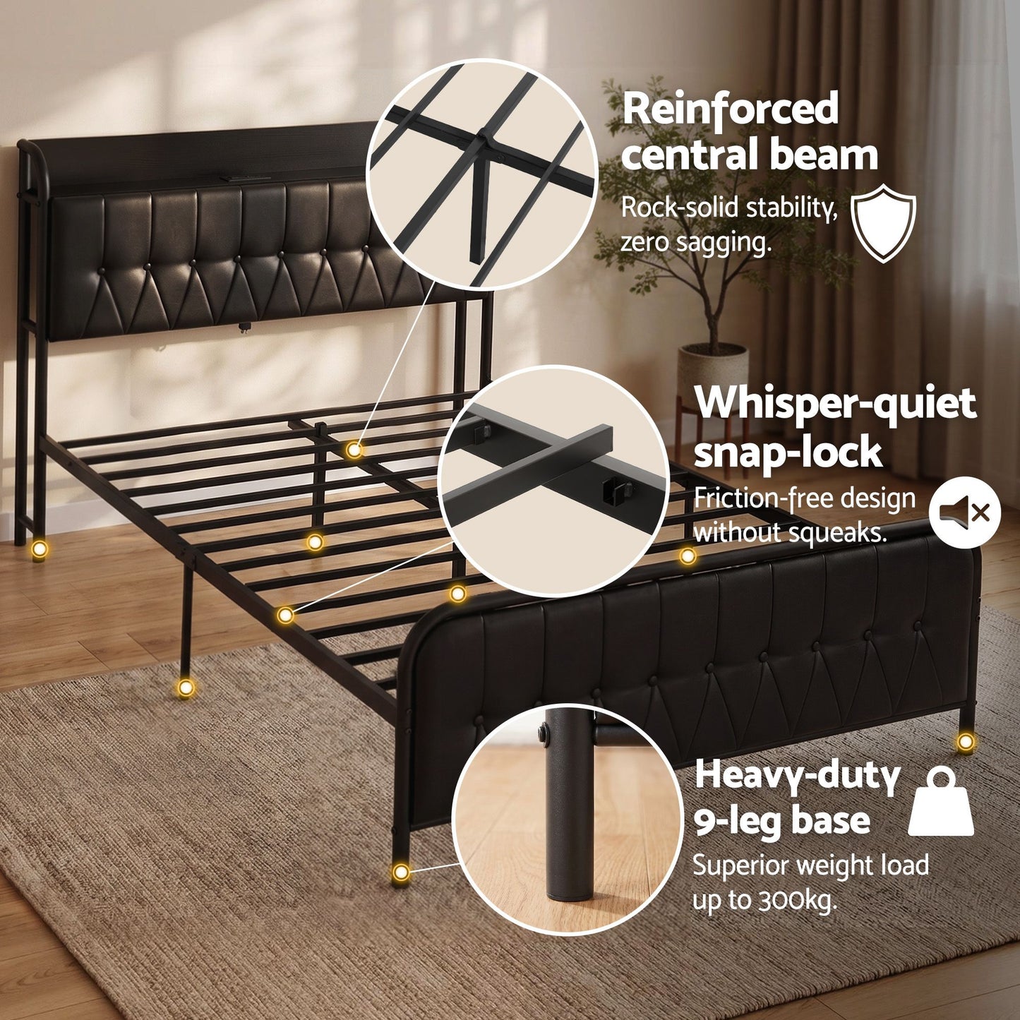 Double Bed Frame with Storage Headboard and SAA Certified Charging Station