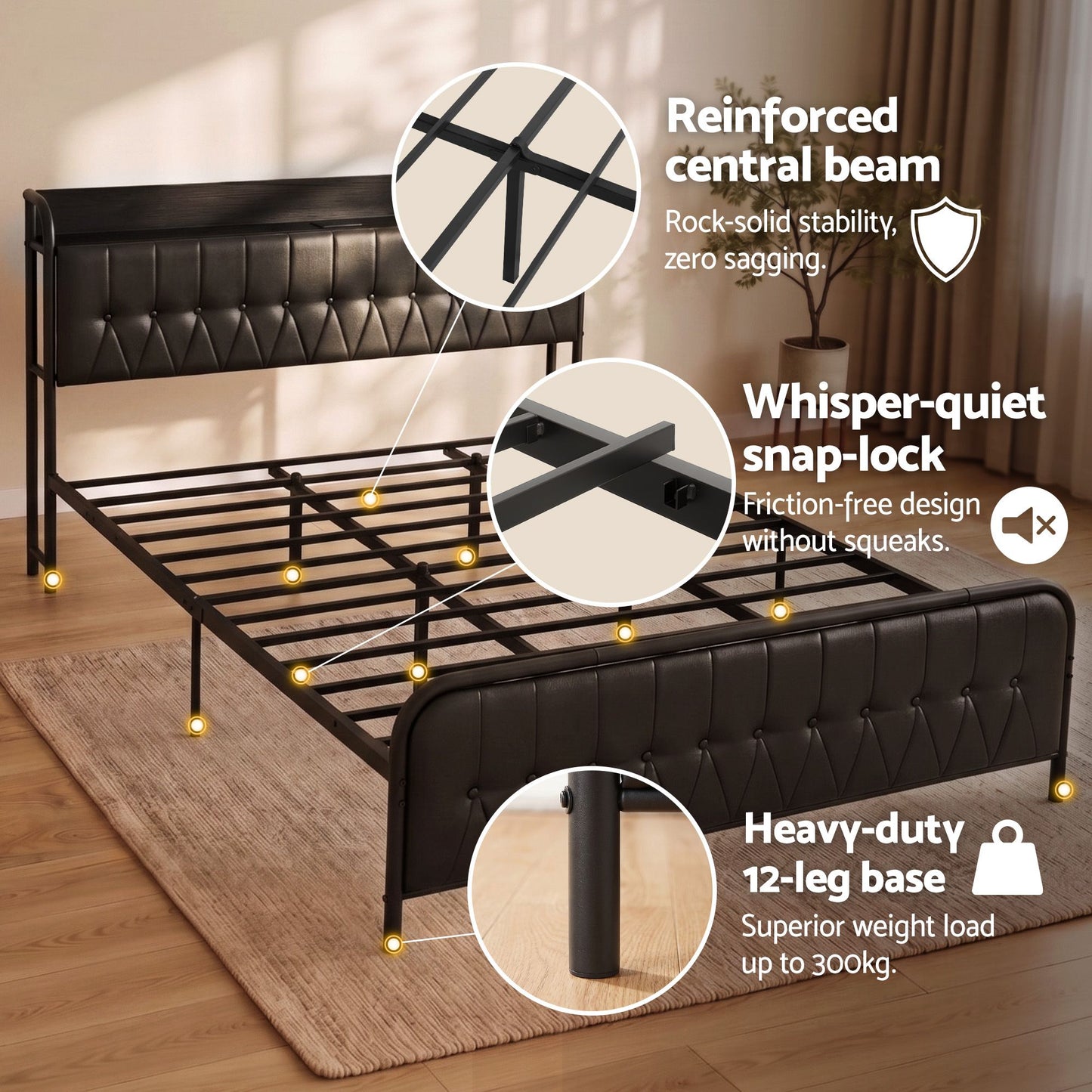 King Bed Frame with Storage Headboard and SAA Certified Charging Station