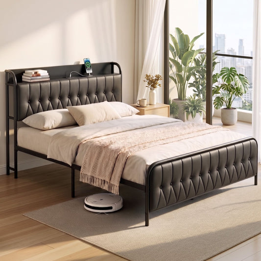Queen Bed Frame with Storage Headboard and SAA Certified Charging Station
