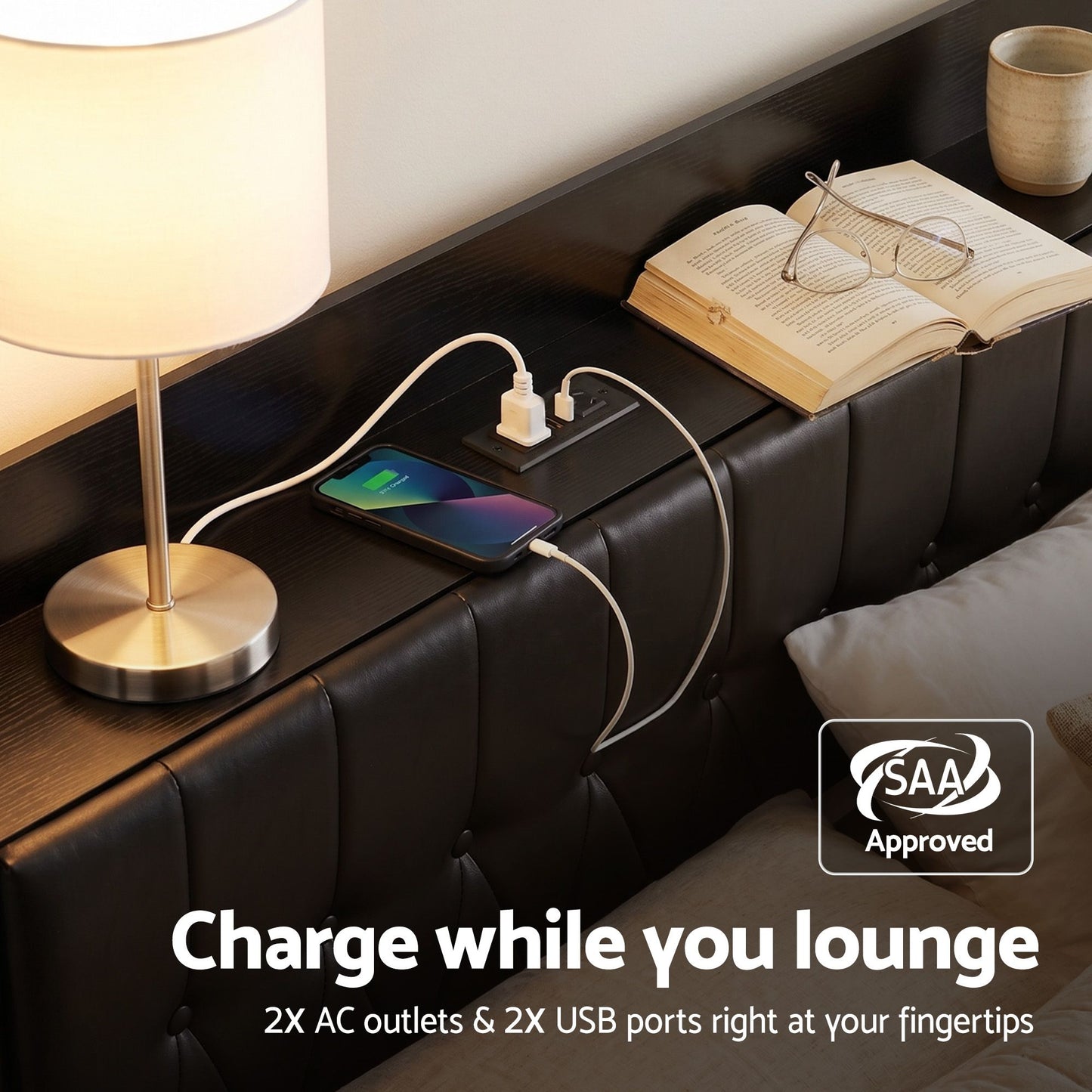 TWSC Queen Bed Frame with Storage Headboard SAA Certified Charging Station
