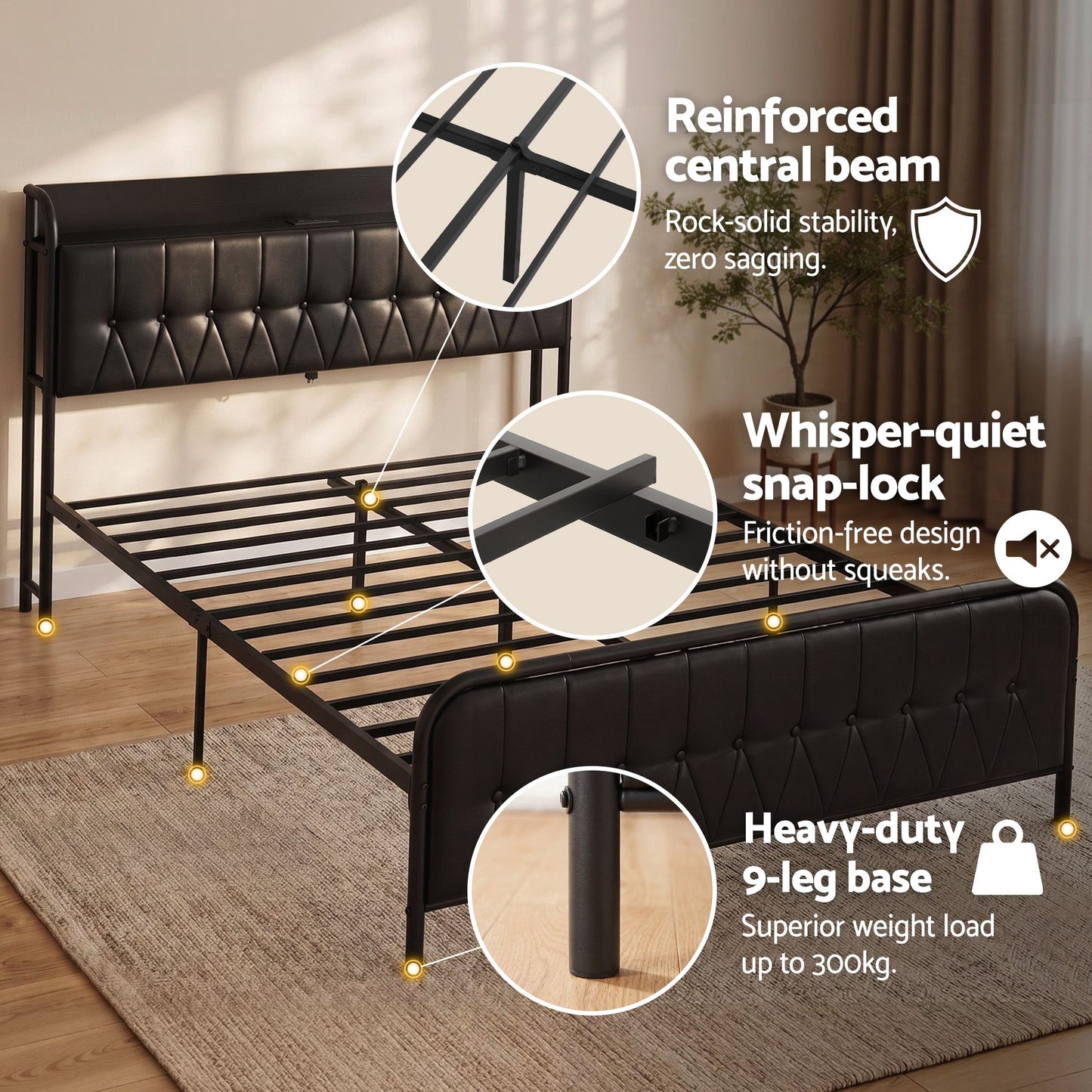 TWSC Queen Bed Frame with Storage Headboard SAA Certified Charging Station