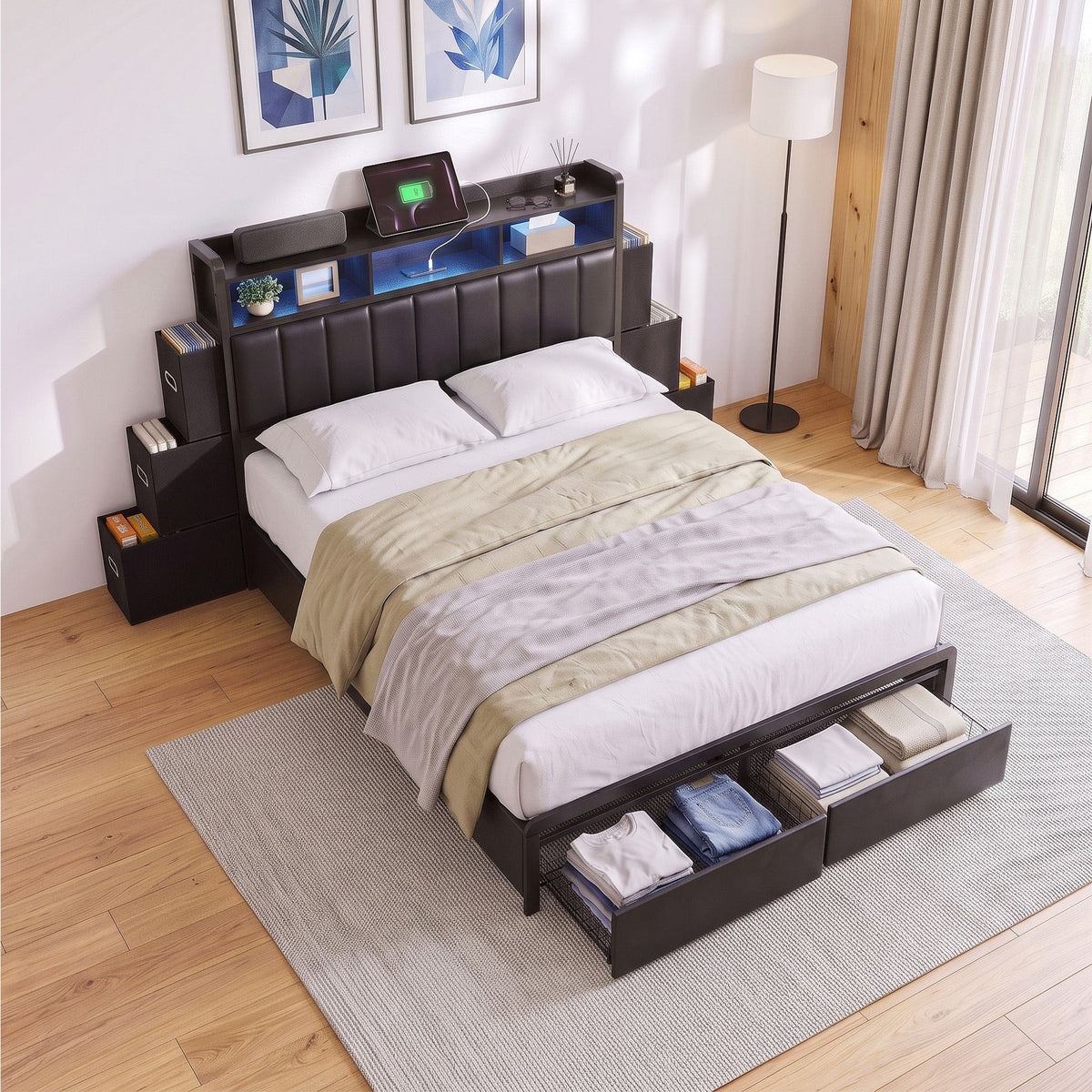 TWSC Double Bed Frame with Storage Headboard, 2 Drawers, Charging Station LED Light