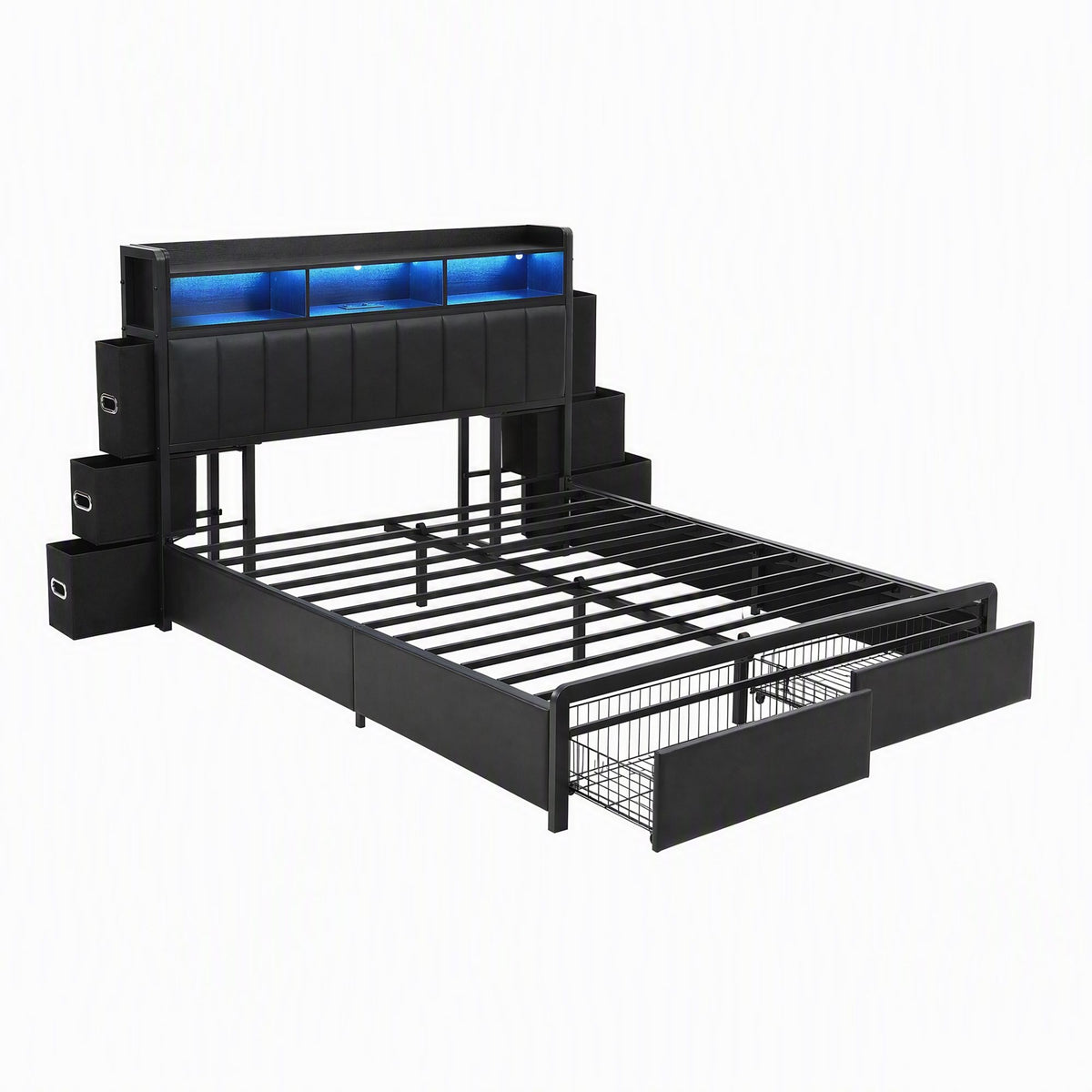 TWSC Double Bed Frame with Storage Headboard, 2 Drawers, Charging Station LED Light