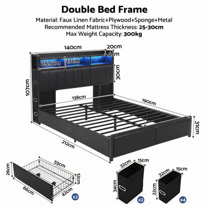 TWSC Double Bed Frame with Storage Headboard, 2 Drawers, Charging Station LED Light