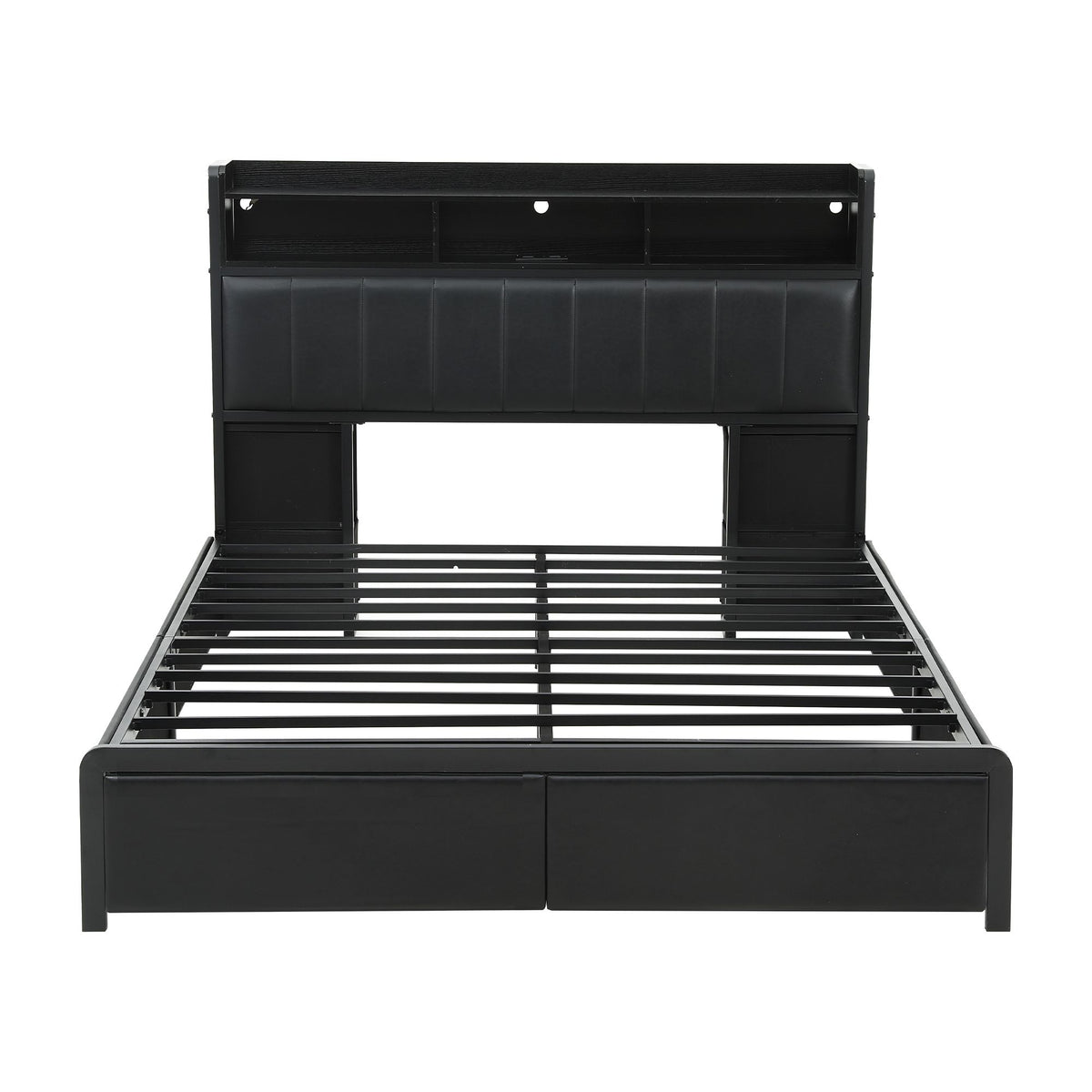TWSC Double Bed Frame with Storage Headboard, 2 Drawers, Charging Station LED Light