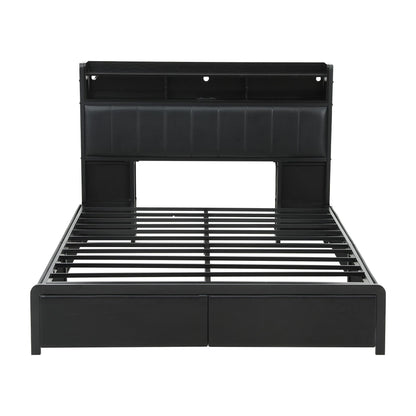 TWSC Double Bed Frame with Storage Headboard, 2 Drawers, Charging Station LED Light
