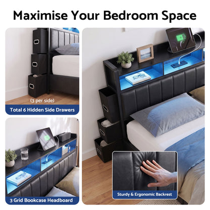 TWSC Double Bed Frame with Storage Headboard, 2 Drawers, Charging Station LED Light