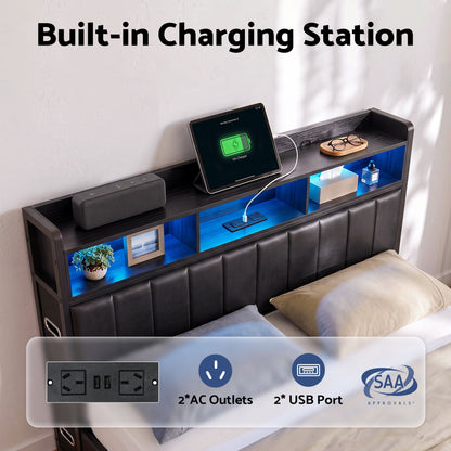 TWSC Double Bed Frame with Storage Headboard, 2 Drawers, Charging Station LED Light