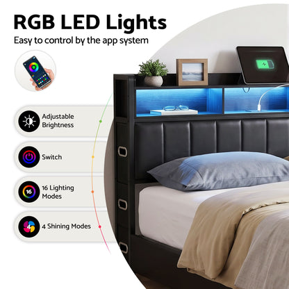 TWSC Double Bed Frame with Storage Headboard, 2 Drawers, Charging Station LED Light