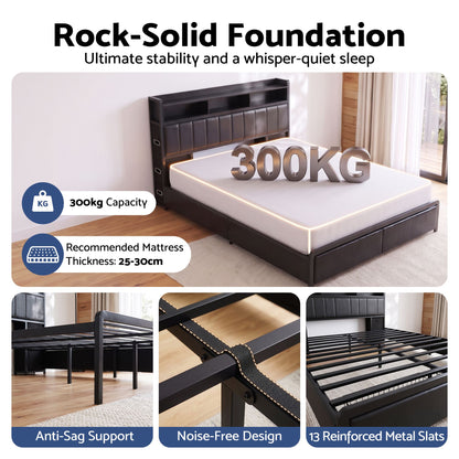 TWSC Double Bed Frame with Storage Headboard, 2 Drawers, Charging Station LED Light