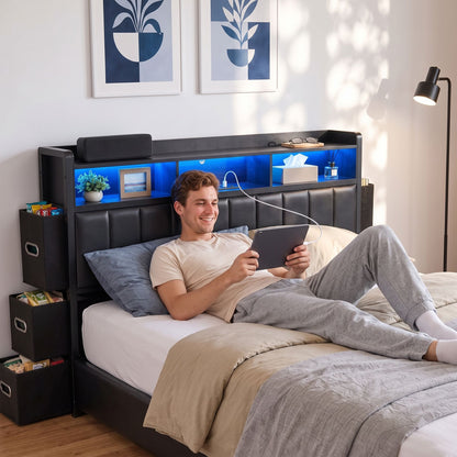 TWSC Double Bed Frame with Storage Headboard, 2 Drawers, Charging Station LED Light