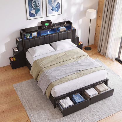 TWSC Queen Bed Frame with Storage Headboard, 2 Drawers, Charging Station& LED Light
