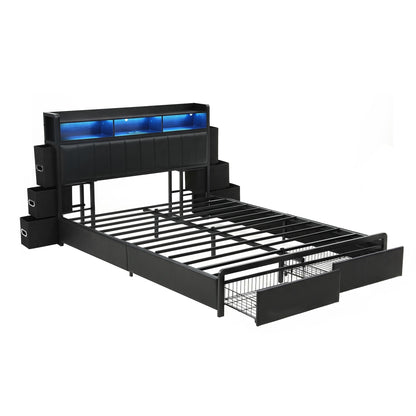 TWSC Queen Bed Frame with Storage Headboard, 2 Drawers, Charging Station& LED Light