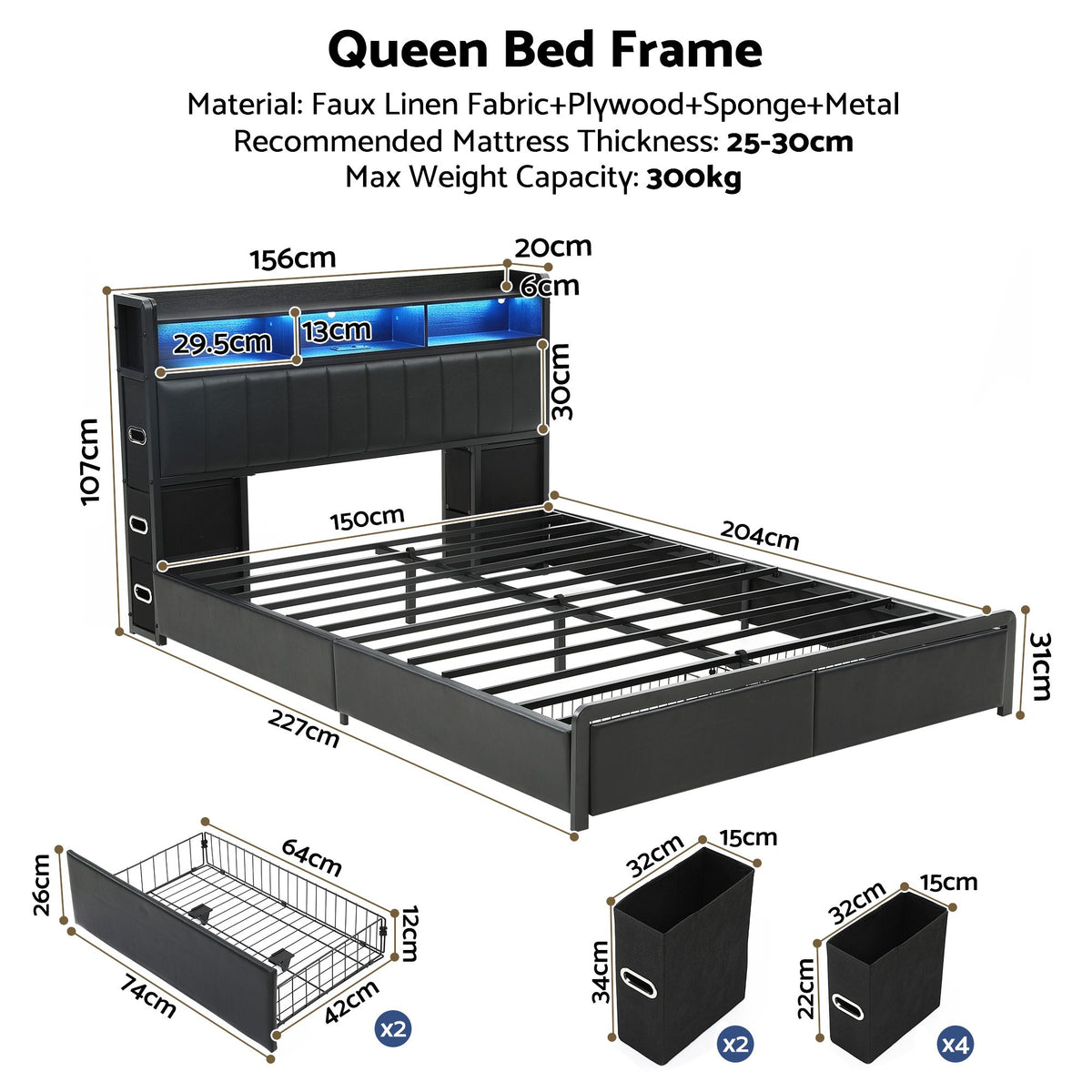 TWSC Queen Bed Frame with Storage Headboard, 2 Drawers, Charging Station& LED Light