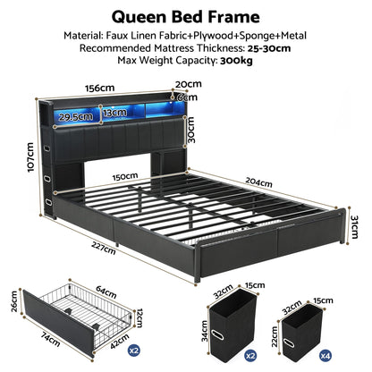 TWSC Queen Bed Frame with Storage Headboard, 2 Drawers, Charging Station& LED Light