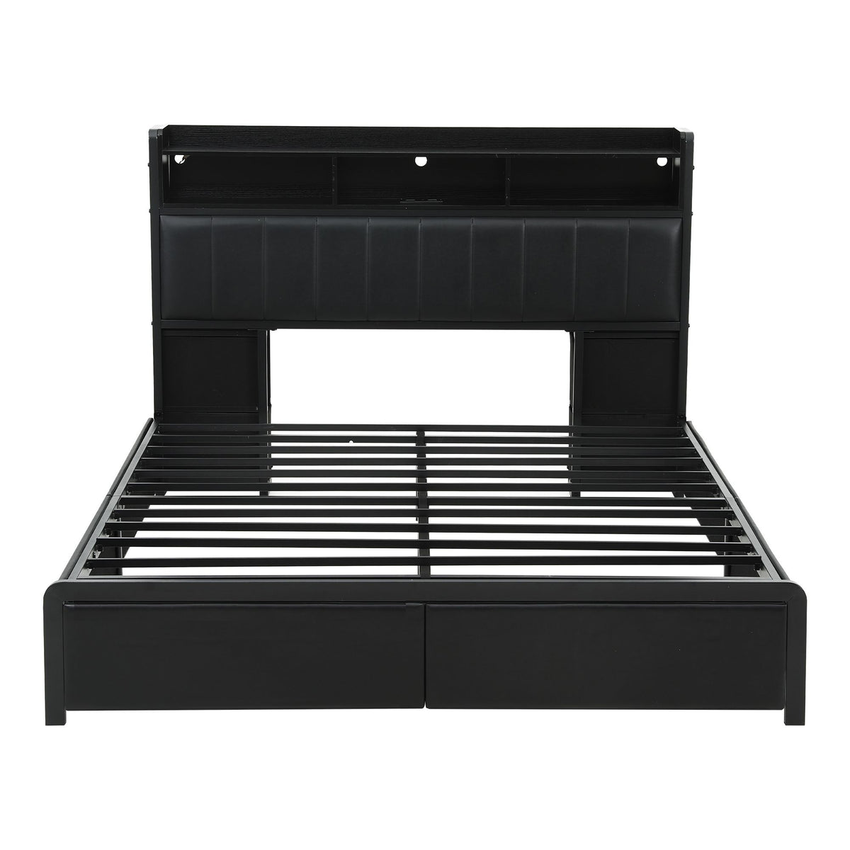 TWSC Queen Bed Frame with Storage Headboard, 2 Drawers, Charging Station& LED Light