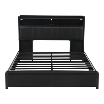 TWSC Queen Bed Frame with Storage Headboard, 2 Drawers, Charging Station& LED Light