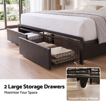 TWSC Queen Bed Frame with Storage Headboard, 2 Drawers, Charging Station& LED Light