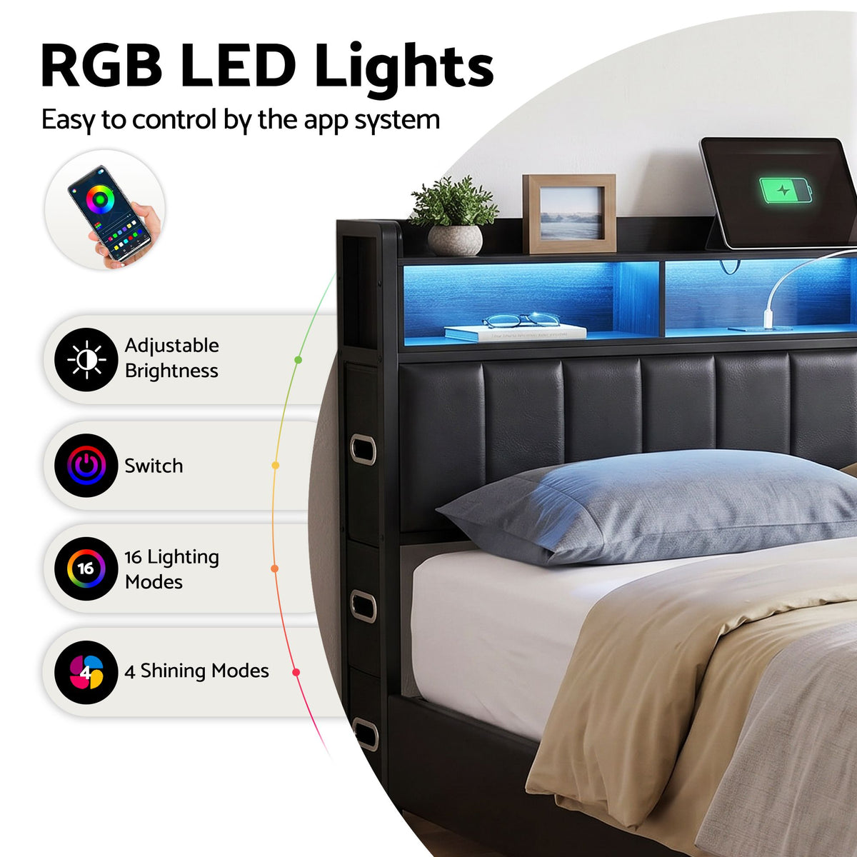 TWSC Queen Bed Frame with Storage Headboard, 2 Drawers, Charging Station& LED Light