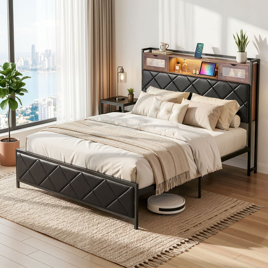 Double Bed Frame with LED Lights and Storage Headboard – USB & AC Charging Station